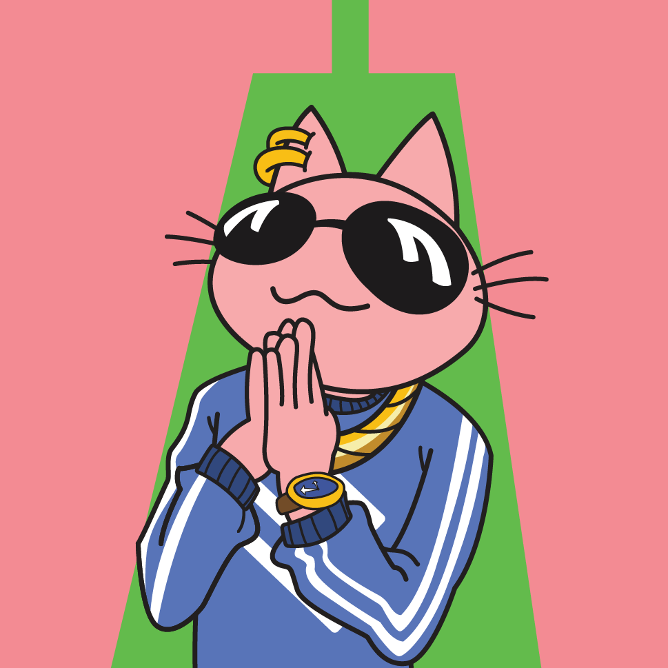 YoCat prays with green bar behind him